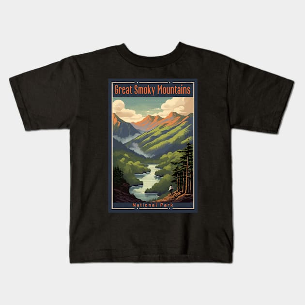 Great Smoky Mountains national park travel poster Kids T-Shirt by GreenMary Design